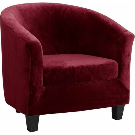 [NEVER USED] Velvet Club Chair Cover Two-Piece Set Stretchable Lounge Cabriolet Tub Chair with Cushion Cover (Wine Red)