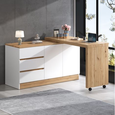 Scrivania pieghevole girevole 120x50x78 cm con contenitore, ruote frenate, bianco e rovere HAVRYA (1/5)