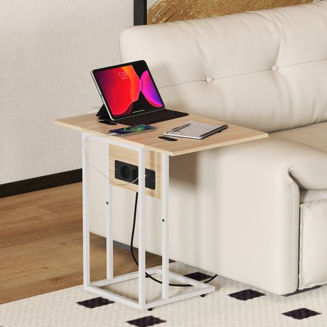 Mesa Auxiliar para Sofá con Encimera Plegable y Estación de Carga Forma de C para Salón Blanco y Natural (1/5)