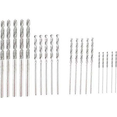 Jeu de 20 forets diamantés, 4 tailles : 1 mm, 1,5 mm, 2 mm et 2,5 mm, pointe hélicoïdale. (1/5)