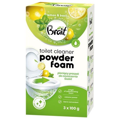 Limpiador de inodoros en polvo espumoso Brait Volcano con limón y albahaca, 3 x 100 g