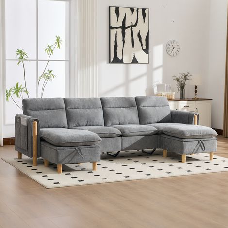 Divano modulare a U a 4 posti in ciniglia grigio chiaro con 2 pouf contenitore e gambe in legno (1/5)
