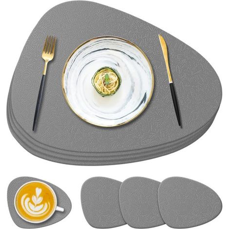 Lot de 4 sets de table et dessous de verre en silicone gris foncé, 13,8 x 11,1 x 0,15 cm, antidérapants, lavables, adaptés aux tables à manger (1/5)