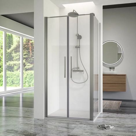 Cabine de douche 70x90 cm avec ouverture saloon et paroi fixe profilés chromés et verre transparent de 6 mm h195 Elba (1/4)