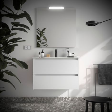 Badezimmermöbel NOJA 800 2 Schubladen WHITE SATIN + Waschtisch + Spiegel