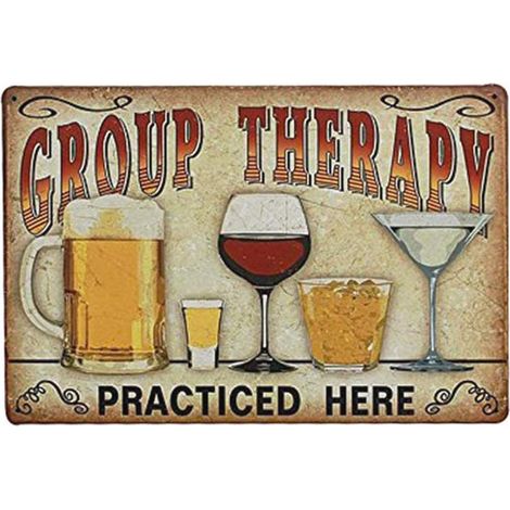 Bar vintage en métal - Panneau rétro “Group Therapy Practiced Here” - Plaque décorative en fer pour bar, salon ou cave - Déco murale industrielle, style ancien (1/5)
