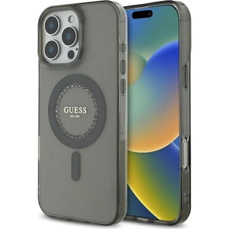 Funda rígida negra Guess GUHMP16LPFTDTEK para iPhone 16 Pro de 6,3 pulgadas con diamantes de imitación IML y MagSafe. (1/5)