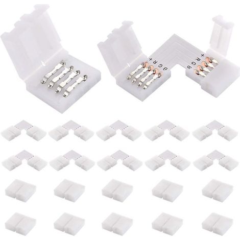 BelleRise - 20 connecteurs fiables pour rubans LED RGB SMD5050. Inclus: 10 connecteurs coudés (L) et 10 droits (4 broches chacun).