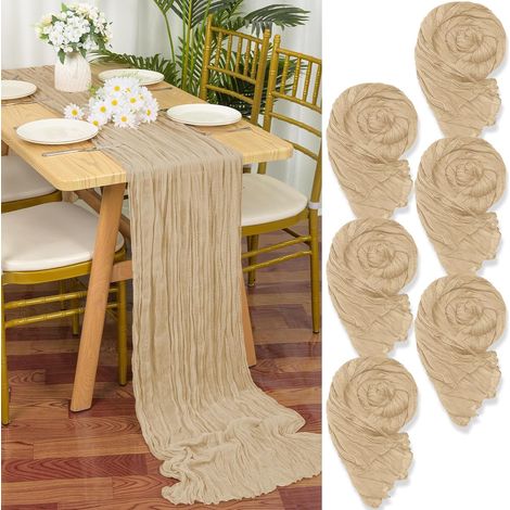 Lot de 6 chemins de table en gaze beige, 55x300 cm, pour mariage et fête. (1/5)