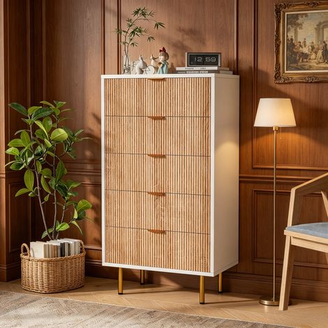 JOOKGBD-Comò con cassetti,Comò Moderno Cassetti Mobile da Giorno,Credenza,Comodino,Adatto per Camera,Soggiorno,Corridoio,Piede del tavolo dorato,Stile lusso minimalista,Bianco+legno naturale