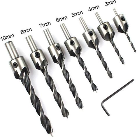 Paquet de 7 forets fraisés HSS 5 pour le perçage de chanfrein du bois clé de 3 à 10mm, foret d'ouverture de chanfrein à positionnement réglable (1/4)