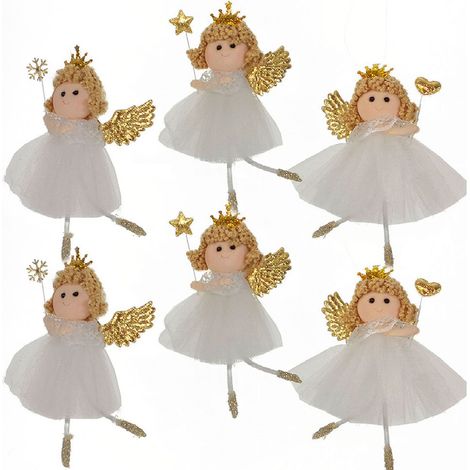 Set di 6 Angeli Ballerine Fatine bianche oro Natalizie da Appendere - Ali Dorate, Vestito in Tulle Bianco e Bacchetta Magica - Decorazioni per Albero di Natale 13 cm (1/4)