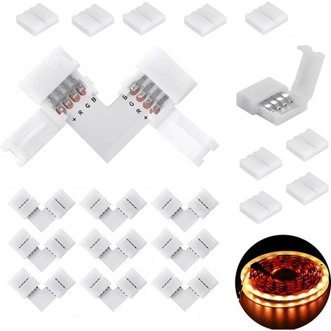 Connecteur Ruban LED, Connecteur d'angle LED, Lot de 20 Connecteurs pour Bandes Lumineuses RGB, Connecteurs en L à 4 broches et sans Espace Adaptés aux Bandes SMD 5050 de 10 mm (1/5)