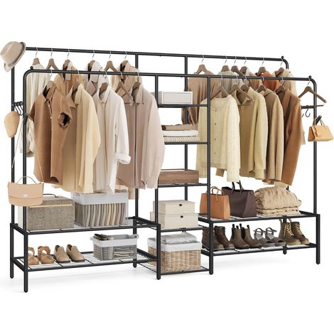 Portant à Vêtements, Armoire Penderie Ouverte, Porte-manteau avec 9 Étagères, Cadre en Métal, Tringles, pour Chambre, Salon, Entrée, Noir (1/4)