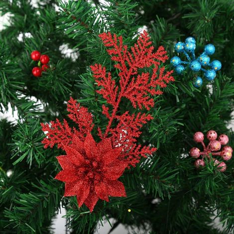 Branches Artificielles - Poinsettia Faux - Décoration Noël - DIY Couronne - 5 Pièces - 20 x 7 cm - Rouge (1/5)