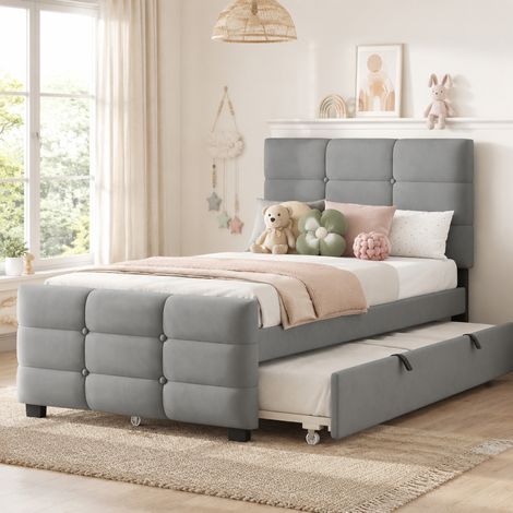 Cama nido 90x190 cm en terciopelo gris con estructura estable, cabecero tapizado y somier incluido (1/5)