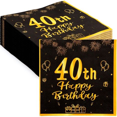 Serviettes papier anniversaire 40 ans, lot de 60, dimensions 33x33 cm, motif noir et or, décoration pour fête d'anniversaire (1/5)