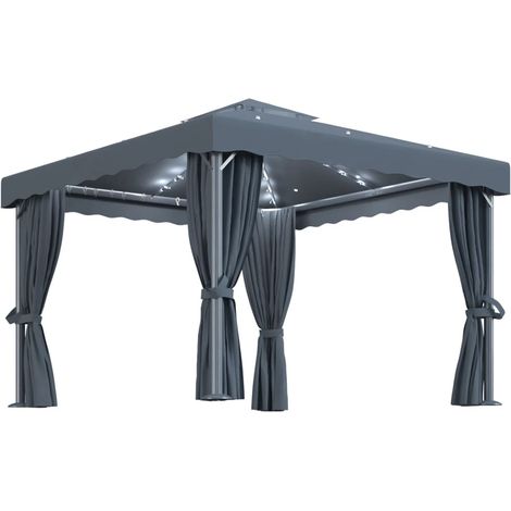 Tonnelle avec rideau et guirlande lumineuse LED 3x3m Anthracite