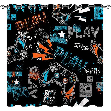 Rideaux Gamer - Motif Graffiti Manettes de Jeu avec Œillets, Isolation Thermique & Obscurcissement pour Chambre d’Ados Garçons (Salle de Jeu) - 2 Panneaux L168 x H137cm - 168L X 137H cm (2 Panneaux) (1/5)