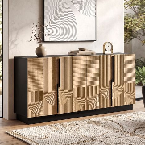 Buffet 160 cm, bahut 4 portes, façade en relief 3d avec poignées en métal, style contemporain, pour salon et salle à manger, naturel et noir (1/5)