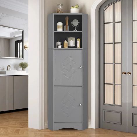 Eifson – Colonne de salle de bain 36,5x36,5x155 cm – Meuble d'angle en panneau de particules – Rangement avec 2 compartiments et 1 ouvert – Gris moderne (1/5)