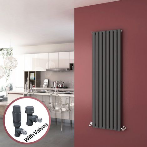 ELEGANT Vertical Column Designer Radiator Anthracite Oval Single Panel Rad 1600 x 472mm + Thermostatic Radiator Valves (1/5)