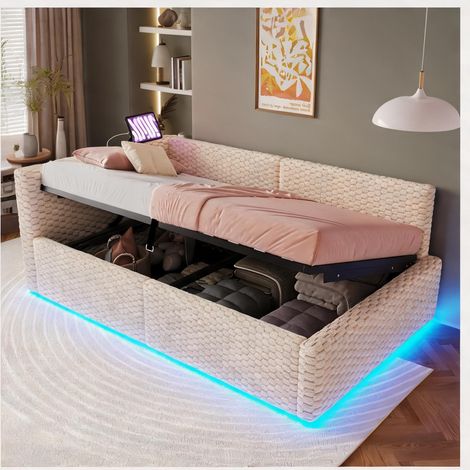 Cadre de lit beige en velours 213 x 98 x 68 cm (1/5)