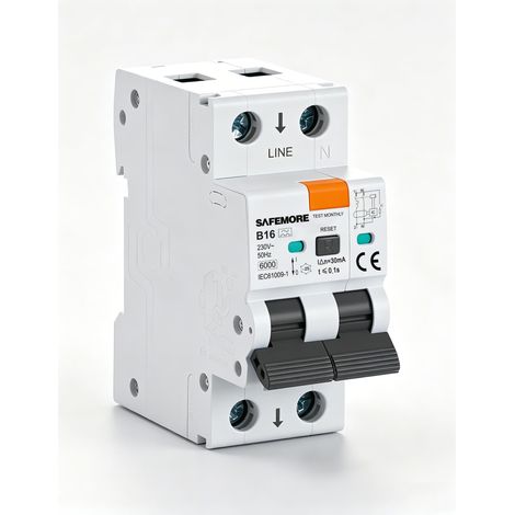 Interrupteur FI/LS RCBO 1P+N, 16 A, 30 mA, 6 kA, type A, courbe B, 230 V, disjoncteur différentiel avec protection contre les surcharges, montage sur rail DIN (1/5)