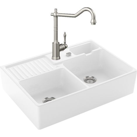 Evier VILLEROY ET BOCH Timbre d'office Tradition 2 bacs vidage auto + Robinet de cuisine Avia 2.0 Acier Massif