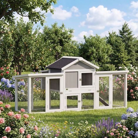 Poulailler clapier modèle chalet multi-équipé : rampes, nichoirs, plateau, en bois massif 204 x 85 x 93 cm gris (1/5)