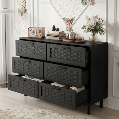 Commode Bois 6 Tiroirs 115 cm, Commode Chambre Design Scandinave - Finition rotin & Grand Rangemen, Noire