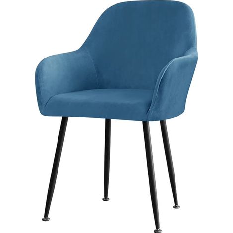Housse de fauteuil haut extensible en velours argenté bleu saphir pour chaise de salle à manger ou hôtel. (1/5)
