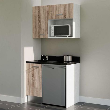 Cuisibane – Kitchenette 100 cm – Plan monobloc évier intégré à gauche – Façades bois – Électroménager inclus inox – Compacte et durable
