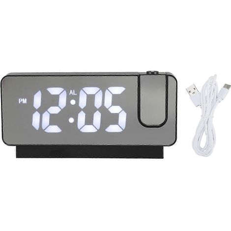 Réveil à projection, chargement USB, lumière blanche, fonction snooze, luminosité réglable, réveil numérique à miroir LED, boîtier noir. (1/5)