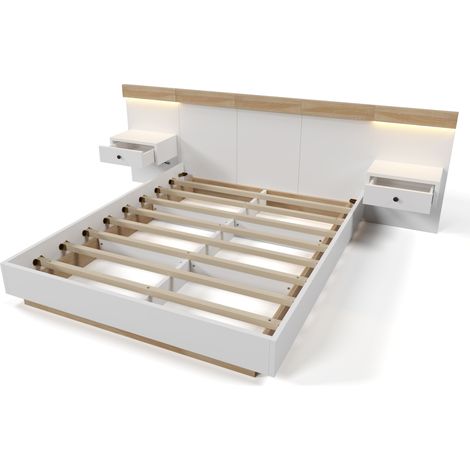 Cama doble 180x200 cm con 2 mesillas LED, USB-C y enchufe EU, blanco roble sonoma (1/5)