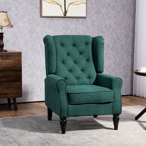 Fauteuil de salon capitonné avec assise large, pieds en bois, style classique, grand confort, 74 x 86 x 102 cm, vert (1/5)