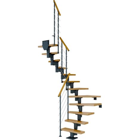 Dolle Mittelholmtreppe Dublin 1/2 gewendelt aus Eiche lackiert 71 cm breit für GH 259–315 cm UK Metall Anthrazit mitlaufende Edelstahlstäbe