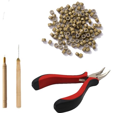 Kit per extension per capelli, ago per micro-trazione, micro anelli in silicone, set combinato marrone (1/2)