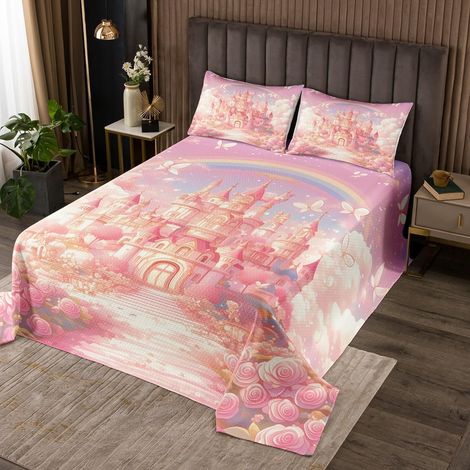 Couvre-Lit 1 Personne 170x230 Château, Dessus de Lit Adulte Arc-en-Ciel, Couverture de Lit Roses Fleur Princesse pour Enfant Fille, Jetés de Lit Papillons Rose et Blanc (1/4)