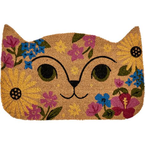 Felpudo de fibra de coco antideslizante 60 x 90 cm con dorso de PVC forma de gato motivo floral multicolor Caliraya