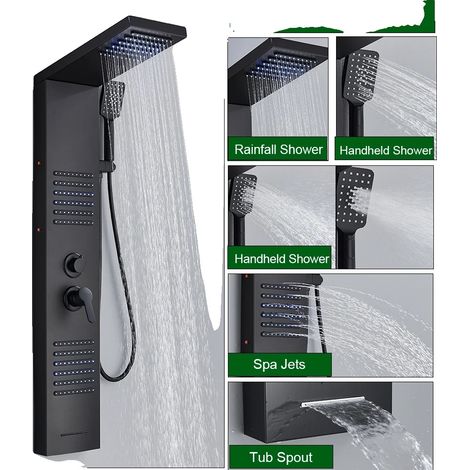 Système de douche, lumière LED, pulvérisateur de massage, 6004 Noir Mat (1/2)