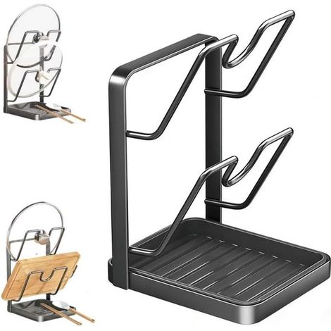 Support de rangement pour couvercles de casseroles et ustensiles de cuisine - gris anthracite - en acier inoxydable - adapté pour ranger spatules (1/5)