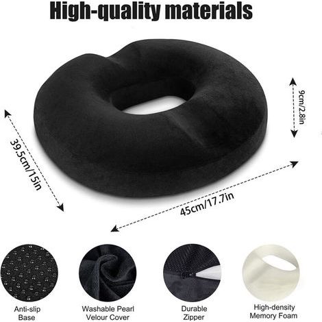 Coussin Orthopédique pour Hémorroïdes Memory Foam pour Le soulagement des hémorroïdes et Coussin Coccyx Pain Post Natal pour Fauteuil Roulant Siège de Voiture Bureau extérieur, Noir (1/3)