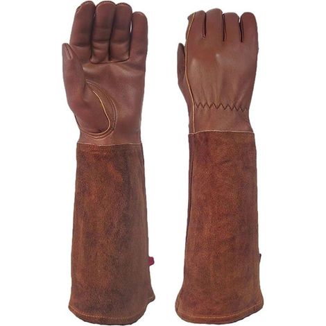 1 par de guantes de jardinería de piel de vaca, Talla M, Resistentes a pinchazos y cortes, patios y granjas, Color marrón (1/5)