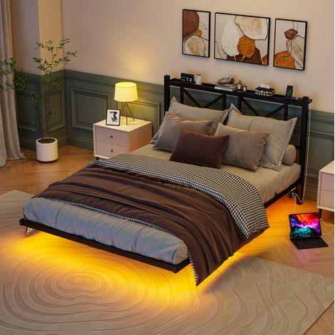Cama doble 140x200 con LED y cabecero negro OKMYHOME (1/5)