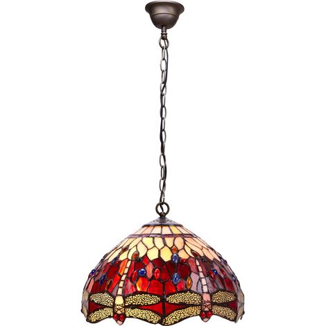 Plafonnier Tiffany moyen avec chaîne diamètre 30 cm Série Belle Rouge