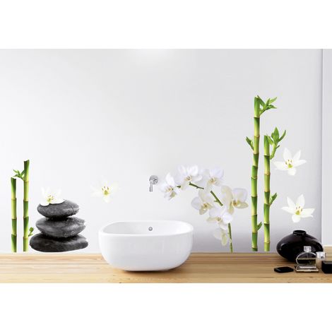 Sticker décoratif, photo bambou, avec des galets et orchidées dans un style zen, 68 cm X 48 cm (1/3)
