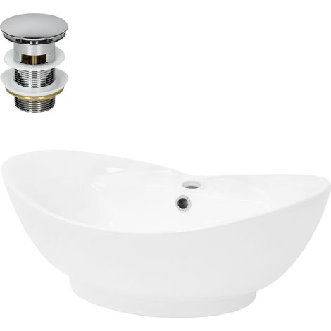 ML-Design Lavabo à Poser en Céramique, 590 x 205 x 395 mm, Blanc Brillant, avec Bonde de Vidange en Laiton Chromé, Vasque Lave-Mains Évier sur Table avec Trop-Plein et Trou Robinet, Salle de Bain (1/5)