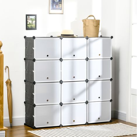 Scarpiera modulare 12 cubi con ante, plastica e acciaio, nero e bianco, 125 x 32 x 125 cm (1/5)
