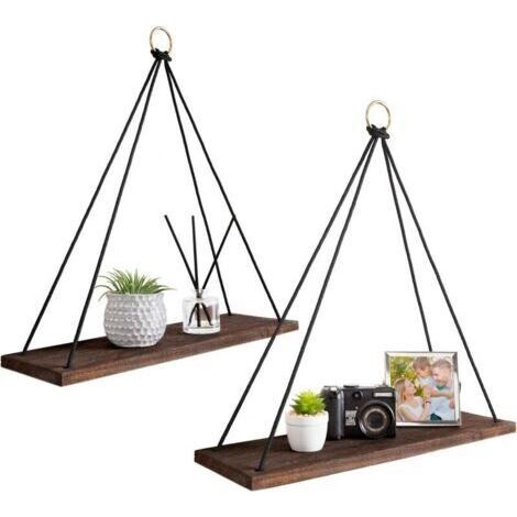 Étagère Murale Boho, Lot de 2 Étagères Flottantes en Bois avec Corde, Décor Rustique pour Chambre et Salle de Bain (1/4)